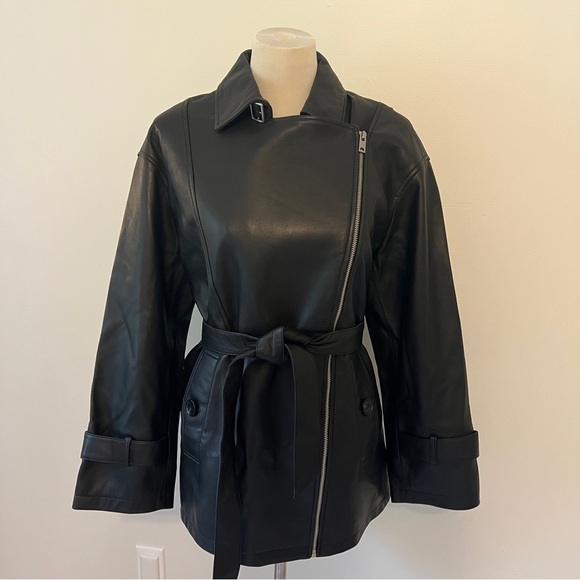 Belle & Bloom Black Leather Jacket Black Moto Trench Coat medium grunge - Picture 4 of 11